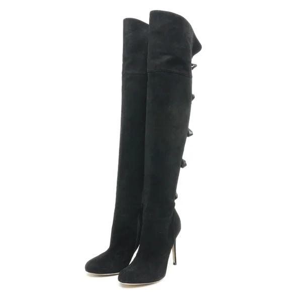 Valentino Bowtie Back Suede Leather OTK Over the Knee Boots Women EU 36.5 Black - Picture 4 of 13